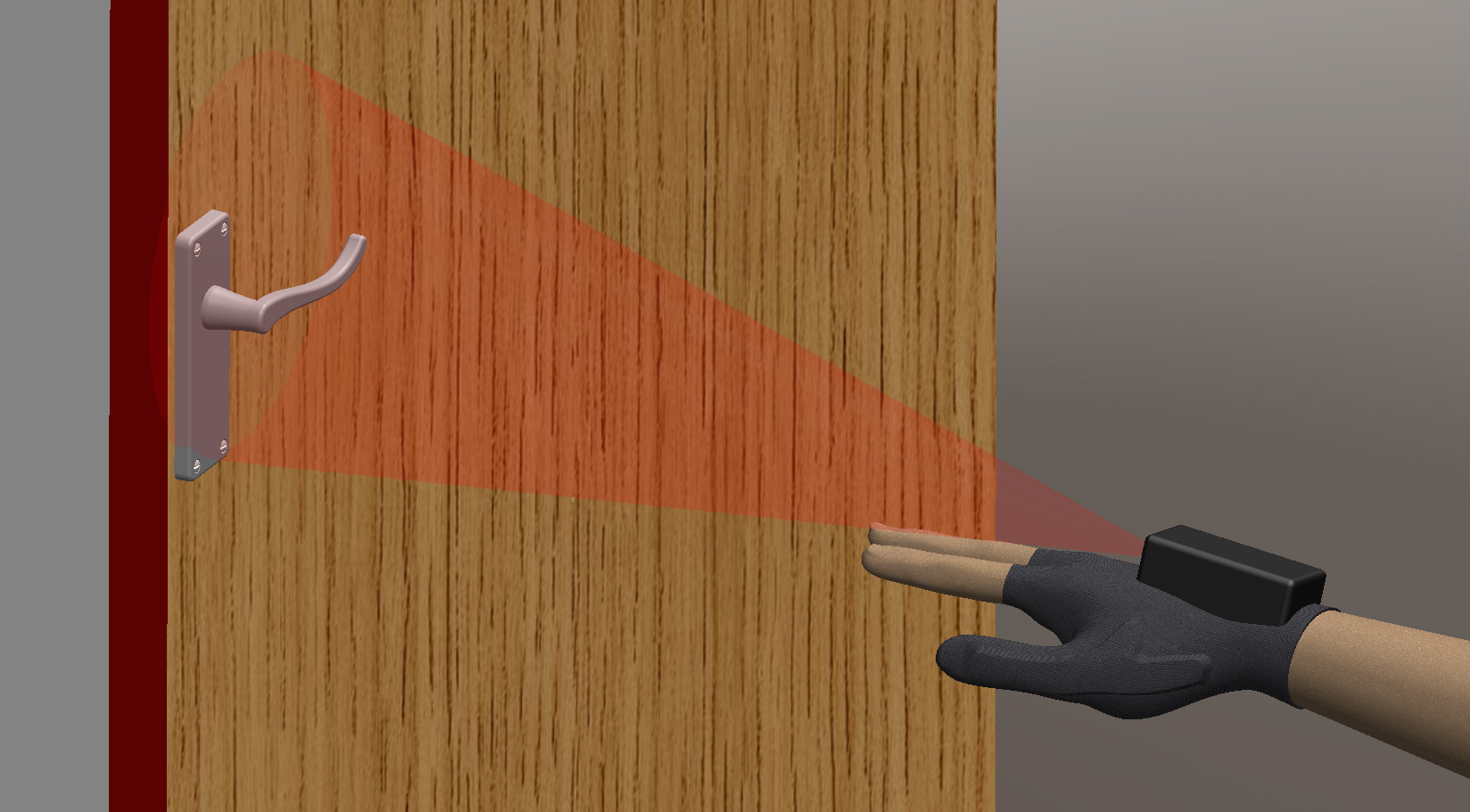 A hand wearing a fingerless glove with a black box on top. The hand is seeking the handle of a door.