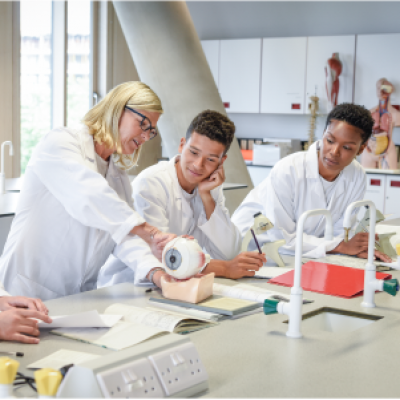 people in a lab looking at a model of a human eye