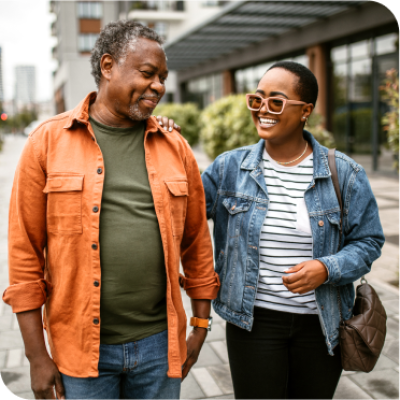 A black couple walking in a city.