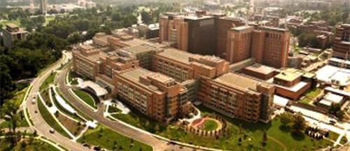 An aerial view of the National Institutes of Health campus in Bethesda, MD