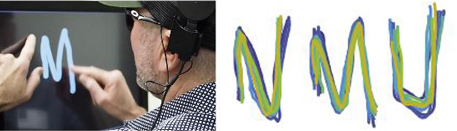 Left: man tracing image on screen; Right: colored trace