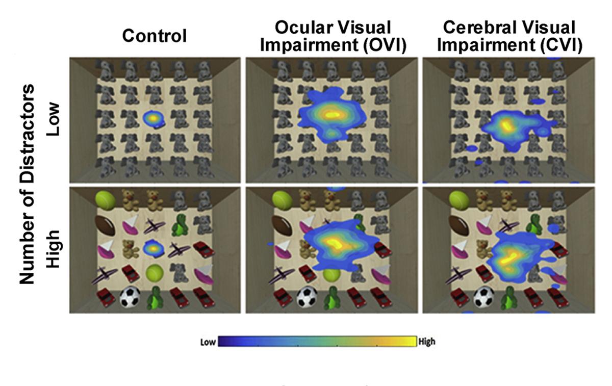6 images showing visual search for control, people with ocular visual impairment, and people with CVI