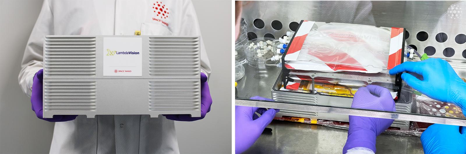 Person holding box-like CubeLab, materials inside CubeLab