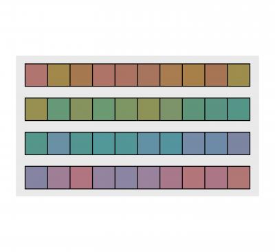 Four horizontal strips with squares of varied colors on them
