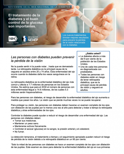 Captura de pantalla de la hoja informativa "Las personas con diabetes pueden prevenir la pérdida de la visión".