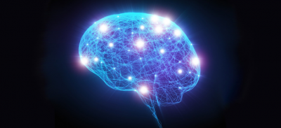 An illustration of a human brain with stimulated neurons.