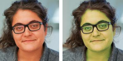 Two side by side portraits of a woman's face. The left image is tinted red and the right image is tinted green.