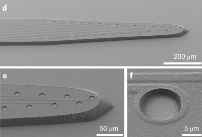 Scanning electron micrographs showing circuitry in electrode tip