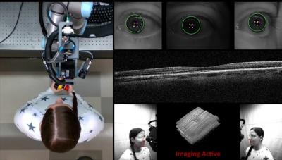 Female shown from overhead standing with her eye open receiving OCT scan. 