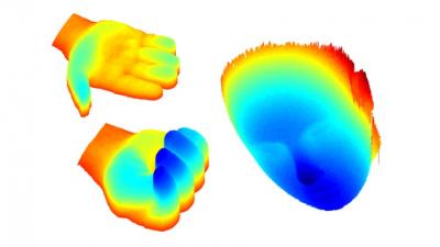 3D colorized images of open and closed hand, and a face