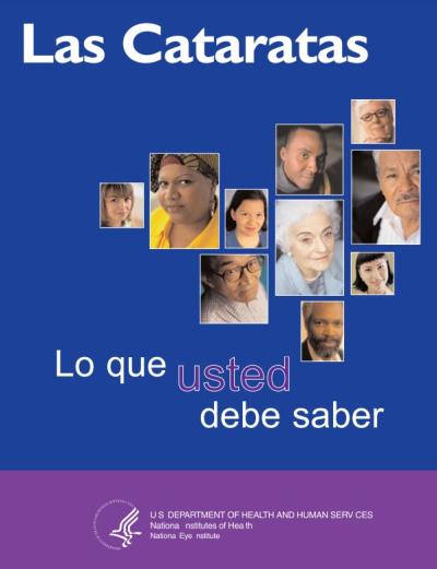 Una imagen pequeña muestra la primera página del documento del NEI en formato PDF titulado "La cataratas lo que usted debe saber".