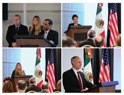 Speakers at a lectern with US and Mexico flags.