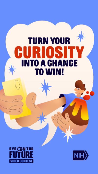 Turn your curiosity into a chance to win. Illustration of boy holding exploding volcano and shooting a selfie