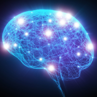 An illustration of a human brain with stimulated neurons.