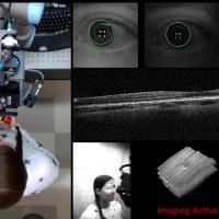 Female shown from overhead standing with her eye open receiving OCT scan. 