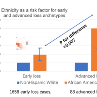 Graph showing that odd ratio for advanced vision loss for African Americans is significantly higher than for non-hispanic whites.