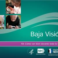 Un gráfico con tres personas viendo cosas de cerca y el título del modulo "Baja visión".