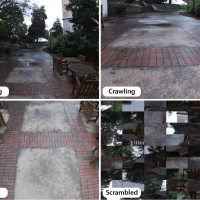 Views of a patio from a walking, crawling, or flying perspective, and a collection of scrambled views.