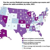 Fee-for-service Medicaid coverage of routine eye exams and glasses for adult enrollees, by state 2022. Exams and glasses covered annually in AK, NV, KS, Wi, AR, OH, NH, NJ. Exams and glasses covered biannually in CA, MT, ND, SD, NE, TX, MN, IA, MO, IL, MI, NY, MA, RI, CT, NC, AL, FL. Exams and glasses covered less frequently than biannually in IN, MS, ME. Exams coverage only, biannual or more frequently in WA, OR, CO, KY, VT, PA, VA.  No coverage in ID, UT, WY, AZ, NM, OK, LA, TN, DE, WV, SC, GA.